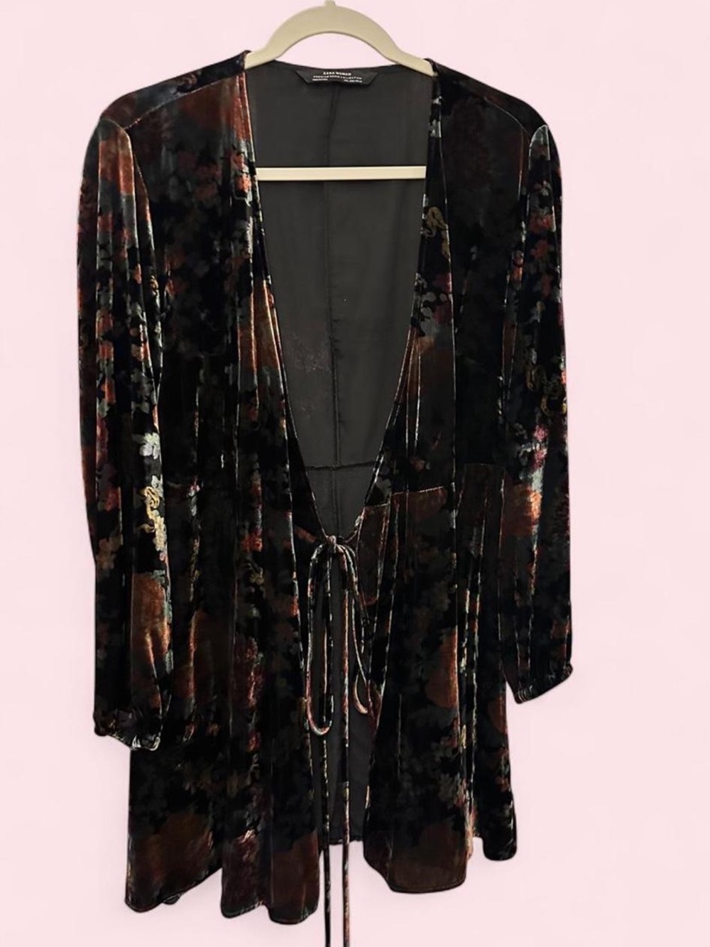 Zara Velvet Floral Tie-Front Kimono - Black/Multi Colored